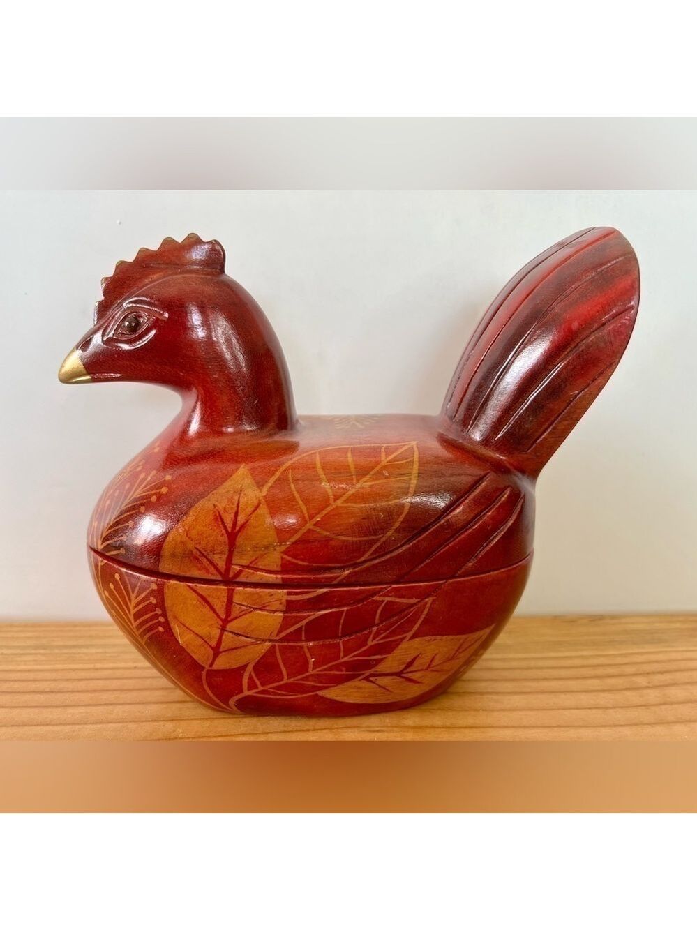 VINTAGE Wood Chicken Rooster Trinket Box Lacquered Hand Painted Farmhouse Decor